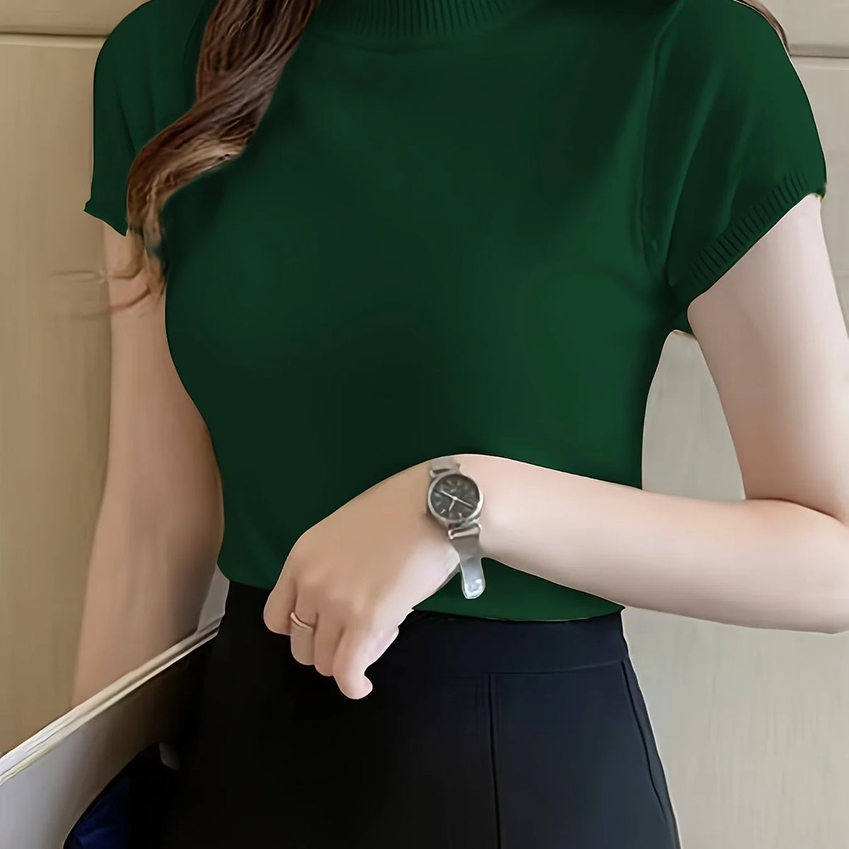 Women's green ribbed mock neck top, fitted short sleeve style