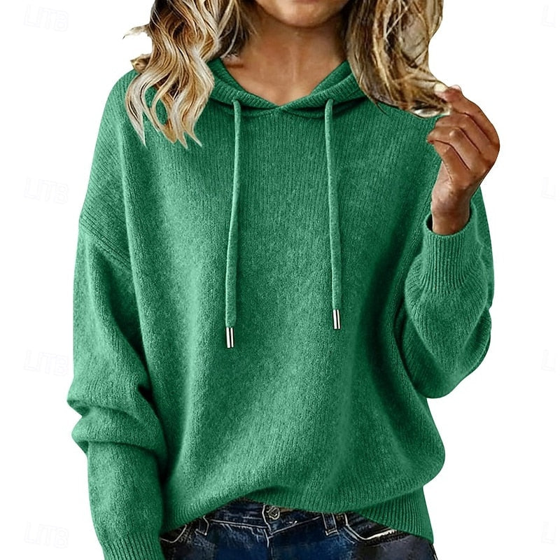Women's green relaxed hooded knit sweater for cool-weather layering