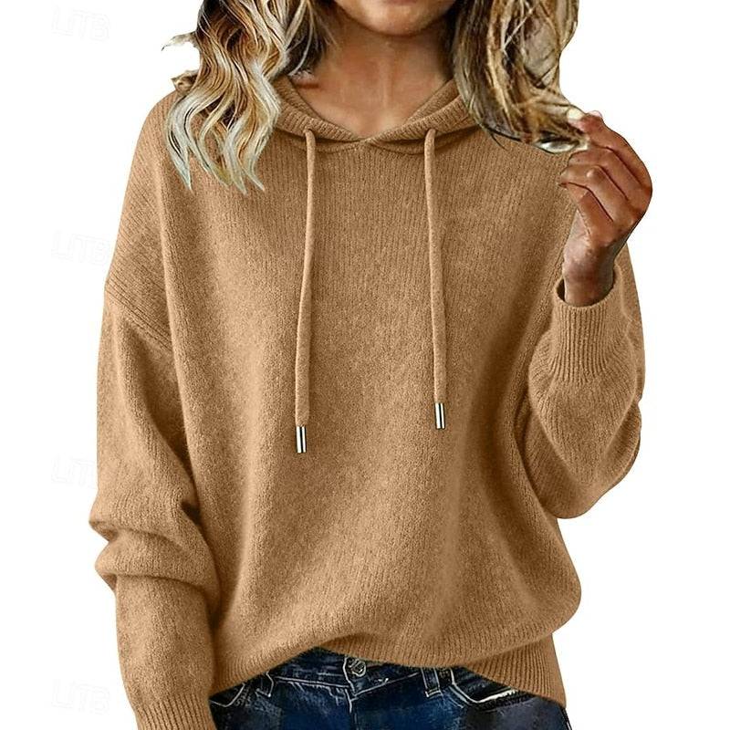 Women's khaki relaxed hooded knit sweater for cool-weather layering