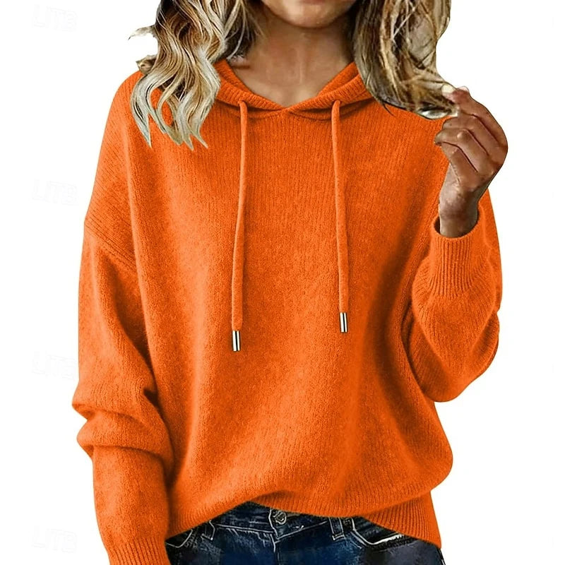 Women's orange relaxed hooded knit sweater for cool-weather layering