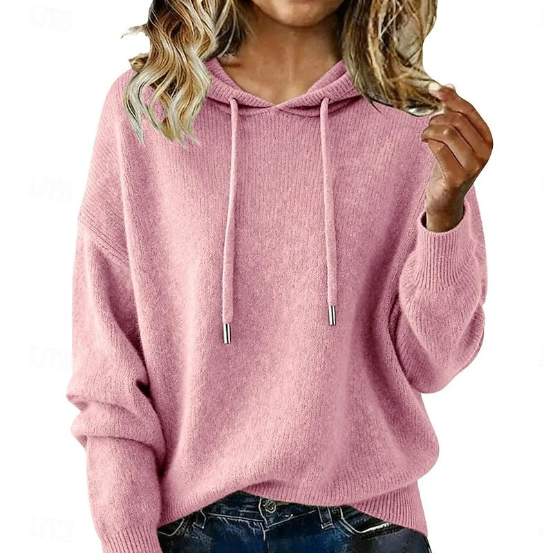 Women's pink relaxed hooded knit sweater for cool-weather layering