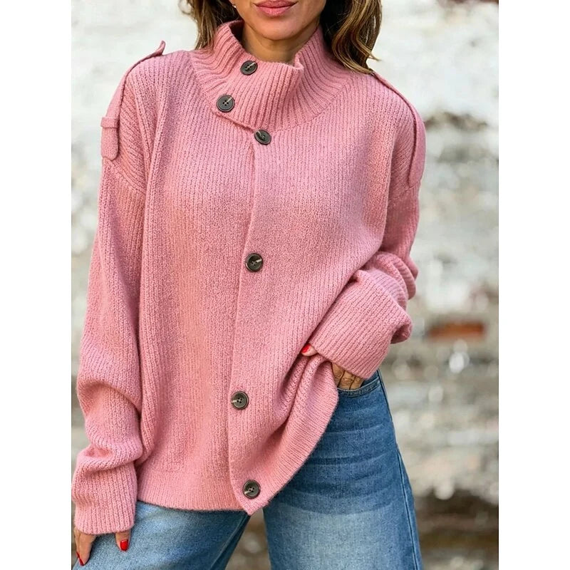 Women's pink funnel neck button cardigan, oversized knit