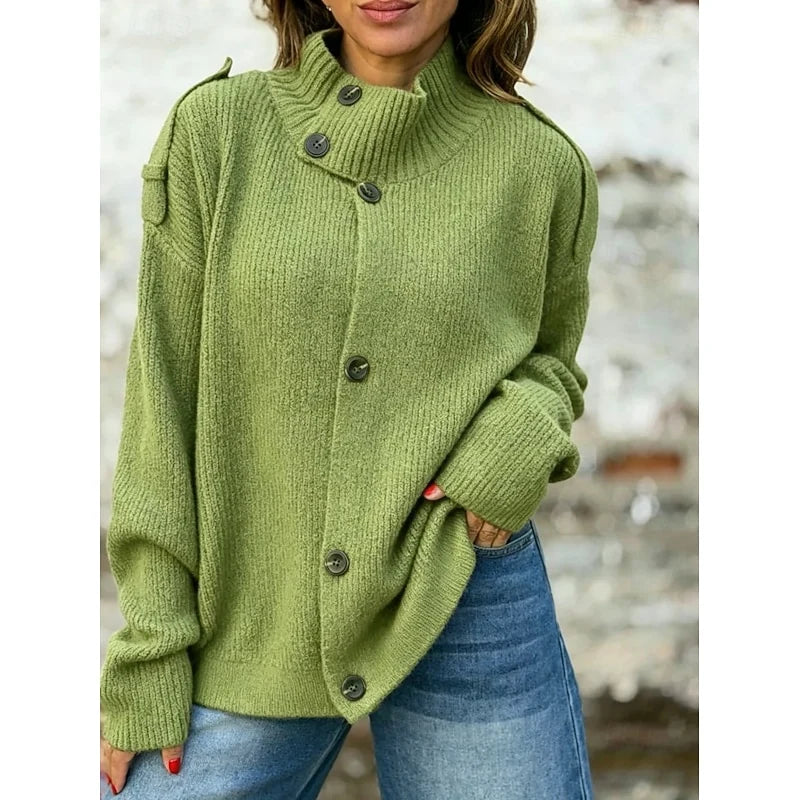 Women's green funnel neck button cardigan, oversized knit