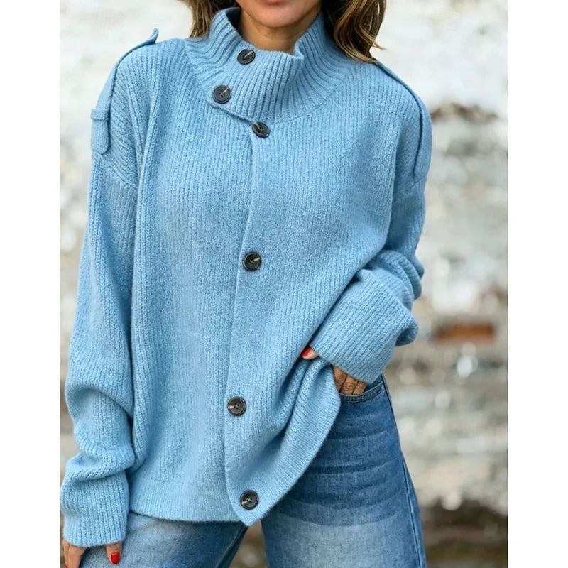 Women's blue funnel neck button cardigan, oversized knit
