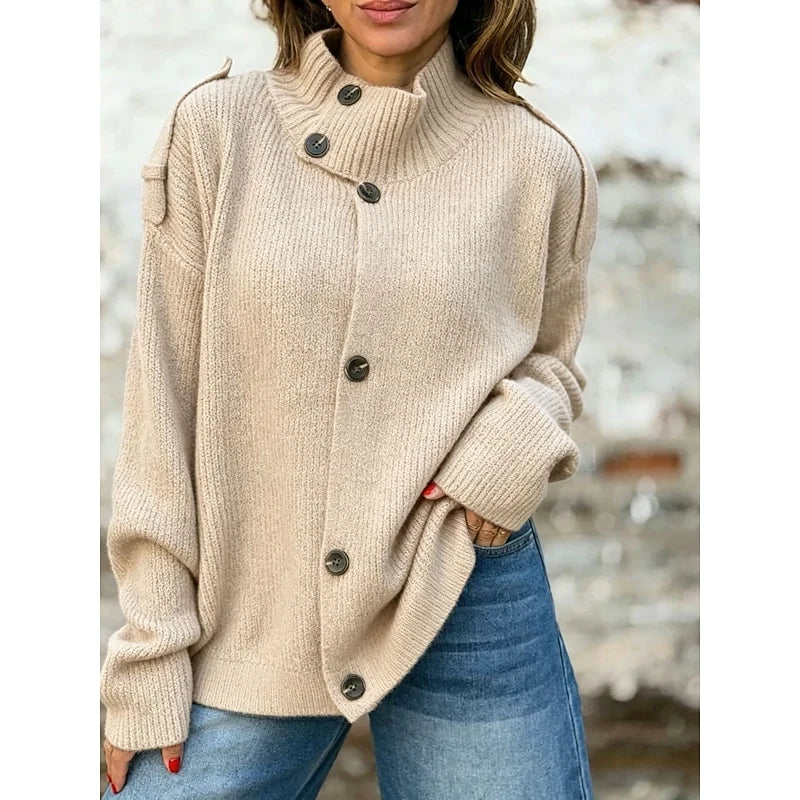 Women's apricot funnel neck button cardigan, oversized knit