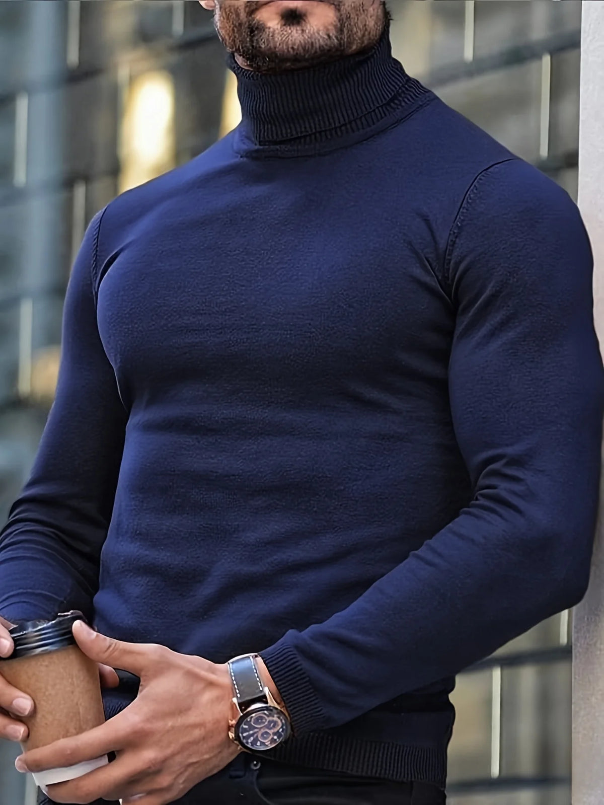 Men's black slim-Fit Ribbed Turtleneck Sweater for Winter Layering