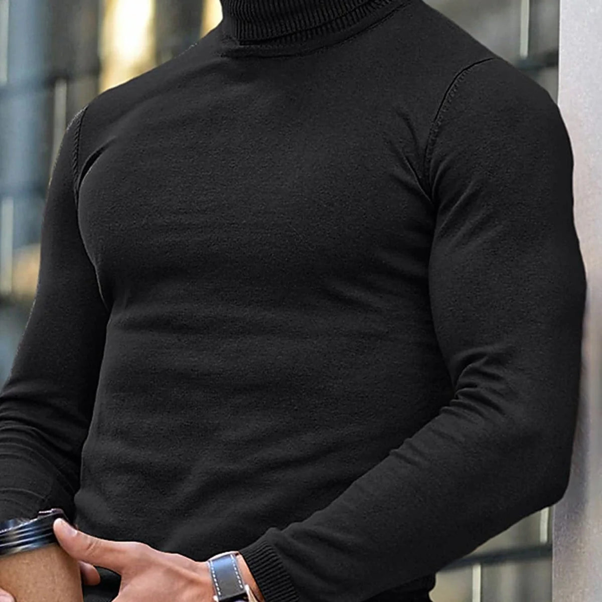 Men's burgundy slim-Fit Ribbed Turtleneck Sweater for Winter Layering
