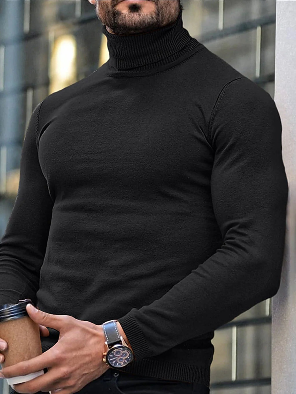 Men's burgundy slim-Fit Ribbed Turtleneck Sweater for Winter Layering