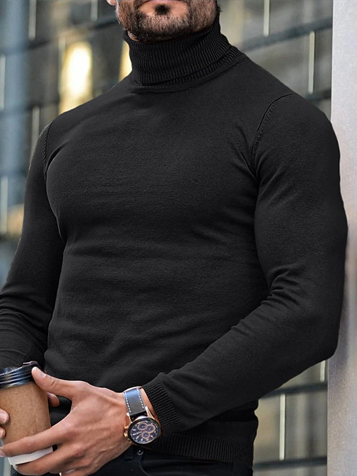Men's burgundy slim-Fit Ribbed Turtleneck Sweater for Winter Layering