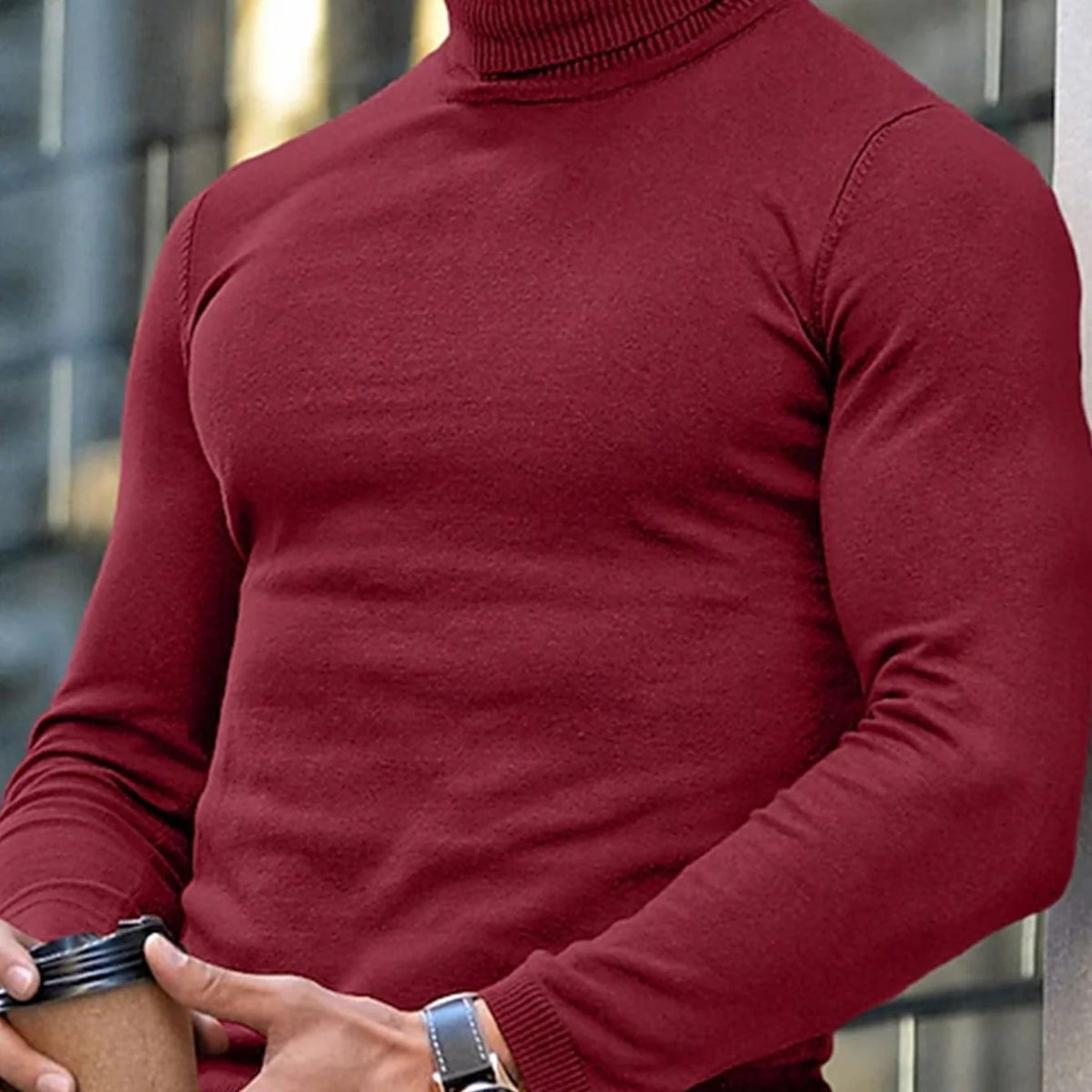 Men's burgundy slim-Fit Ribbed Turtleneck Sweater for Winter Layering