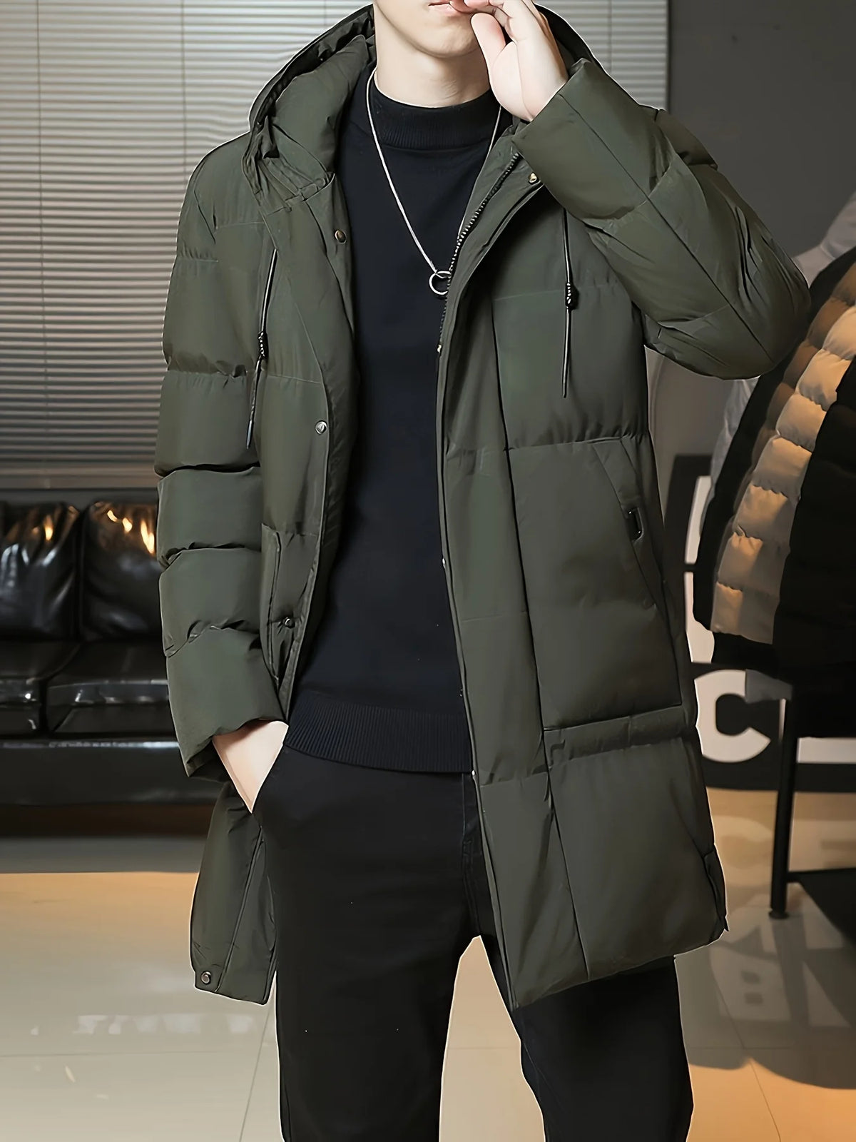 Men's gray hooded longline puffer coat, quilted front view