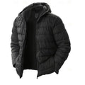 Men's black hooded quilted puffer jacket with full-zip front