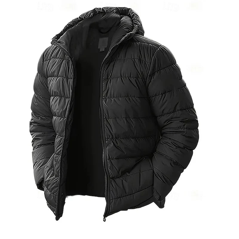Men's black hooded quilted puffer jacket with full-zip front