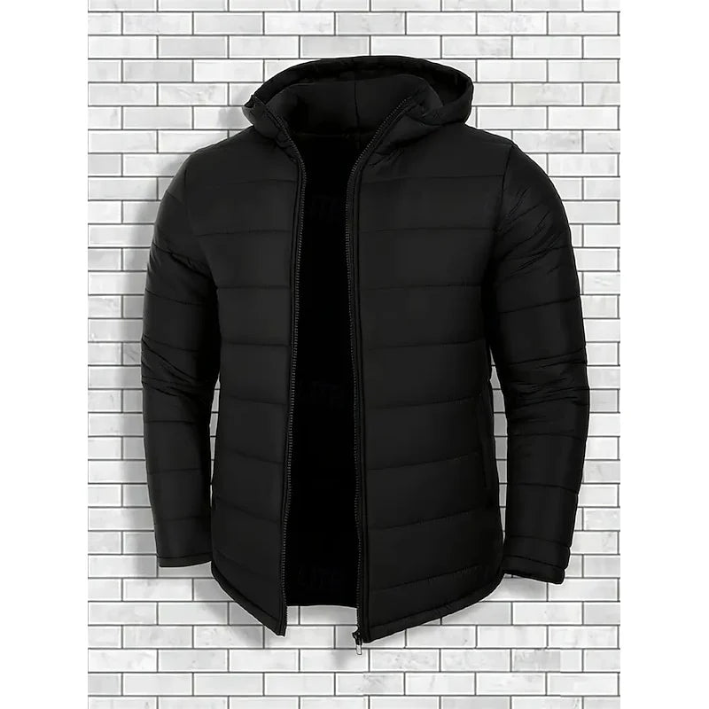 Men's black hooded quilted puffer jacket with full-zip front
