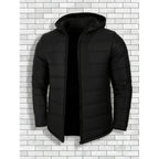 Men's black hooded quilted puffer jacket with full-zip front