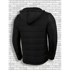 Men's black hooded quilted puffer jacket with full-zip front