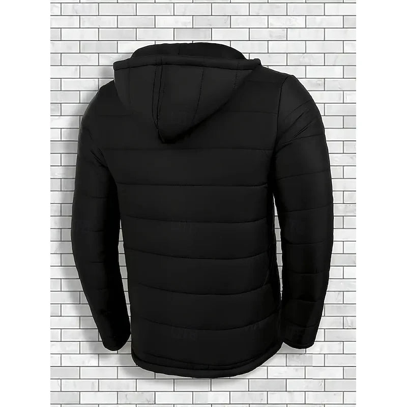 Men's black hooded quilted puffer jacket with full-zip front