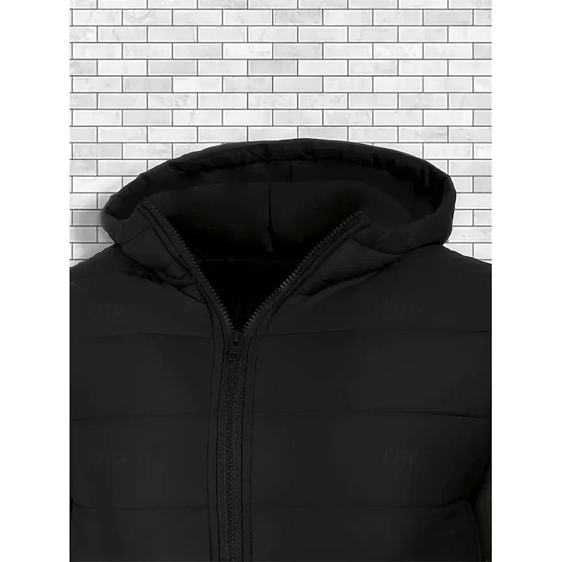 Men's black hooded quilted puffer jacket with full-zip front