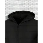 Men's black hooded quilted puffer jacket with full-zip front