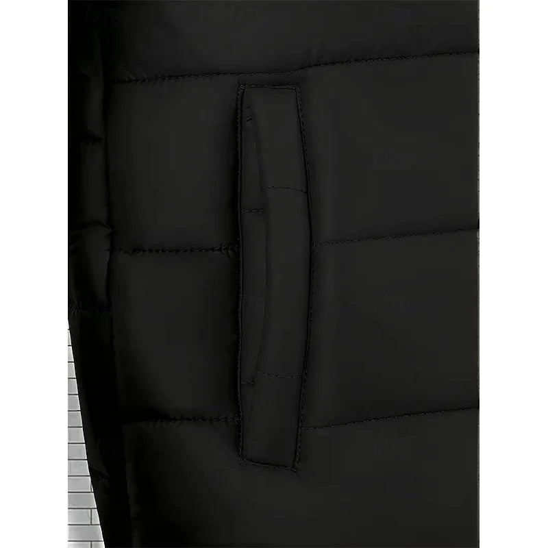 Men's black hooded quilted puffer jacket with full-zip front