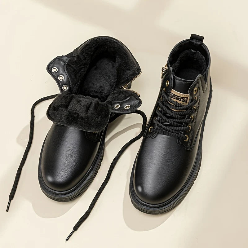 Men's black fleece high-Top Combat Boots with Faux Fur Lining for Winter