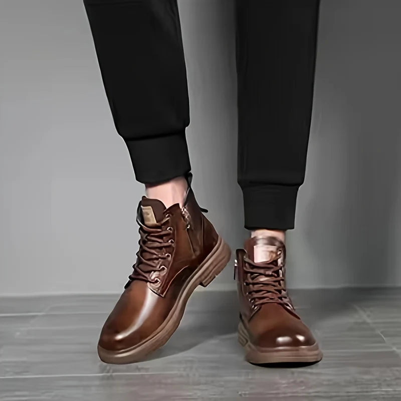 Men's dark brown plus velvet high-Top Combat Boots with Faux Fur Lining for Winter
