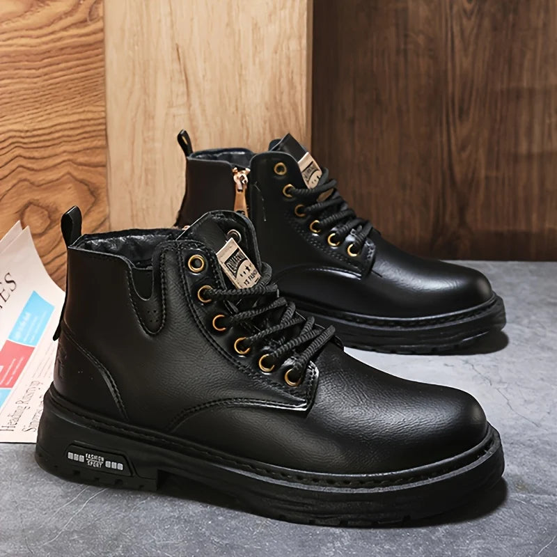 Men's dark brown plus velvet high-Top Combat Boots with Faux Fur Lining for Winter