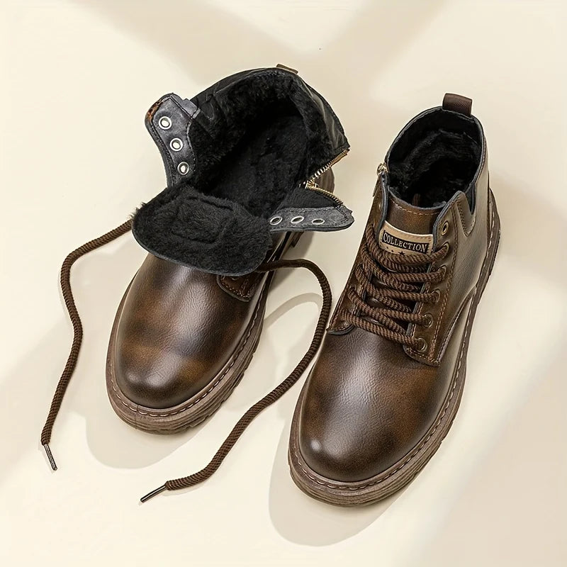 Men's dark brown plus velvet high-Top Combat Boots with Faux Fur Lining for Winter