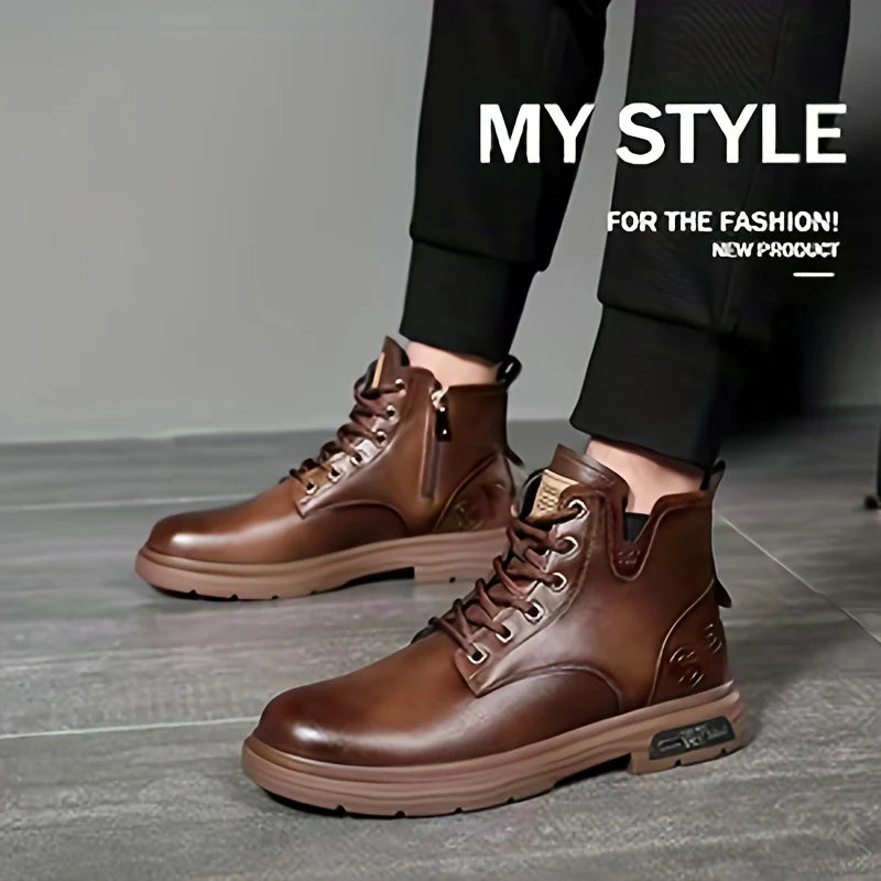 Men's dark brown plus velvet high-Top Combat Boots with Faux Fur Lining for Winter