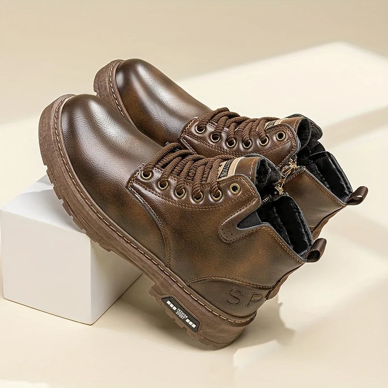 Men's dark brown plus velvet high-Top Combat Boots with Faux Fur Lining for Winter