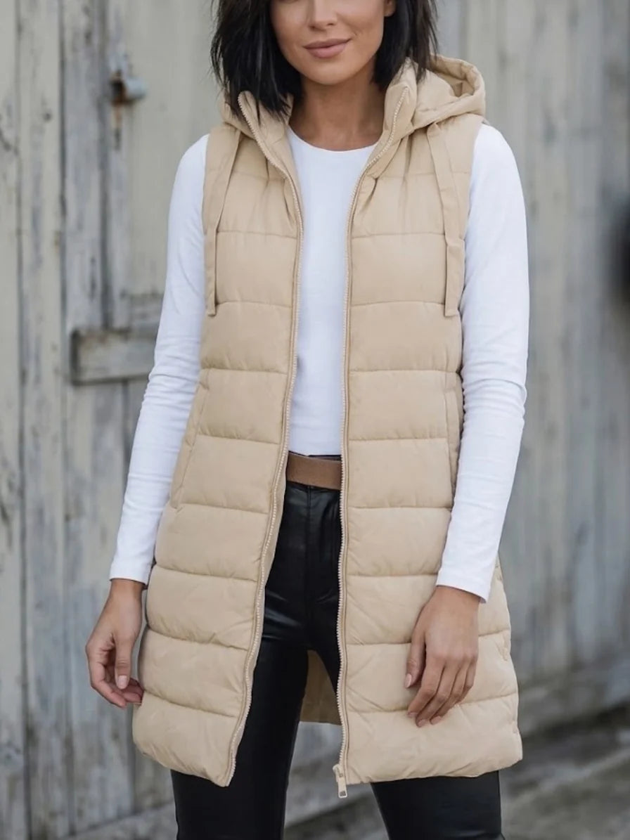 Women's beige hooded puffer vest