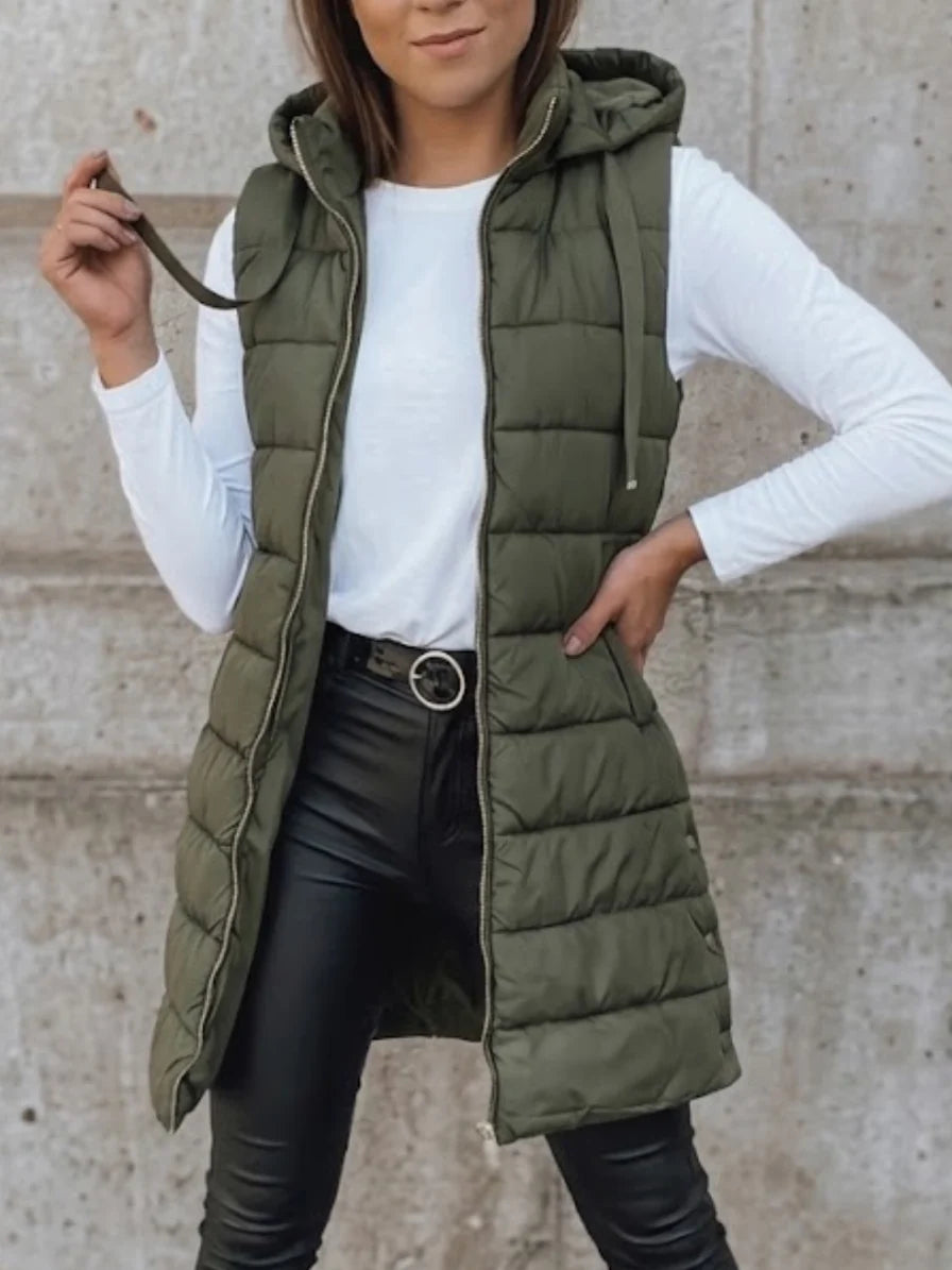 Women's olive green hooded puffer vest