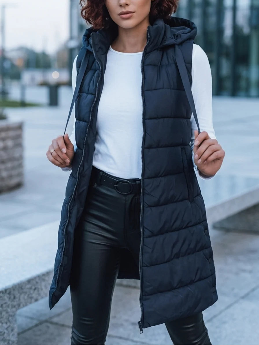 Women's navy hooded puffer vest