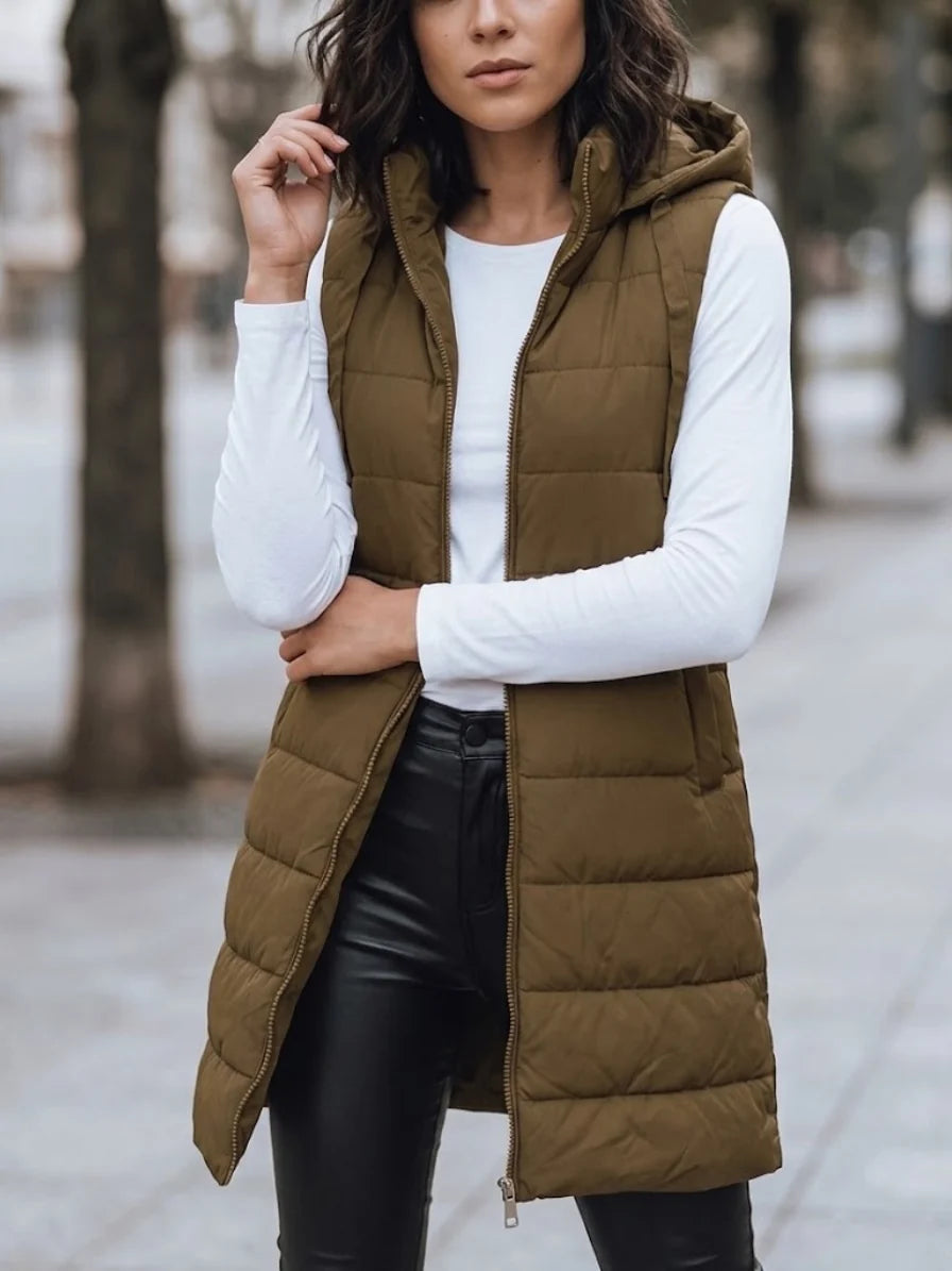 Women's brown hooded puffer vest