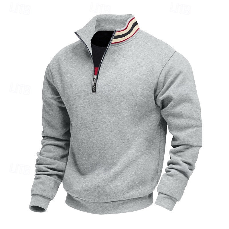 Men's light grey stand-collar quarter-zip pullover with ribbed cuffs