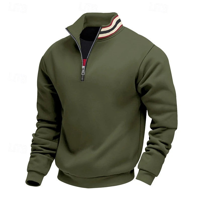Men's army green stand-collar quarter-zip pullover with ribbed cuffs