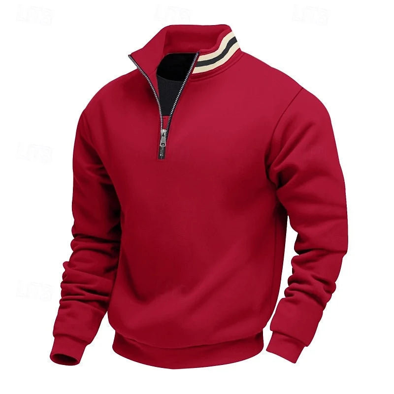 Men's red stand-collar quarter-zip pullover with ribbed cuffs