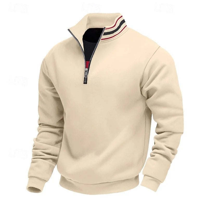 Men's apricot stand-collar quarter-zip pullover with ribbed cuffs