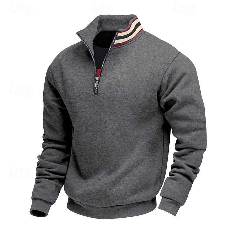 Men's gray stand-collar quarter-zip pullover with ribbed cuffs