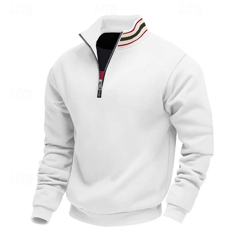 Men's white stand-collar quarter-zip pullover with ribbed cuffs