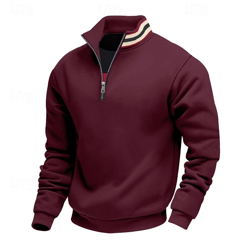 Men's burgundy stand-collar quarter-zip pullover with ribbed cuffs
