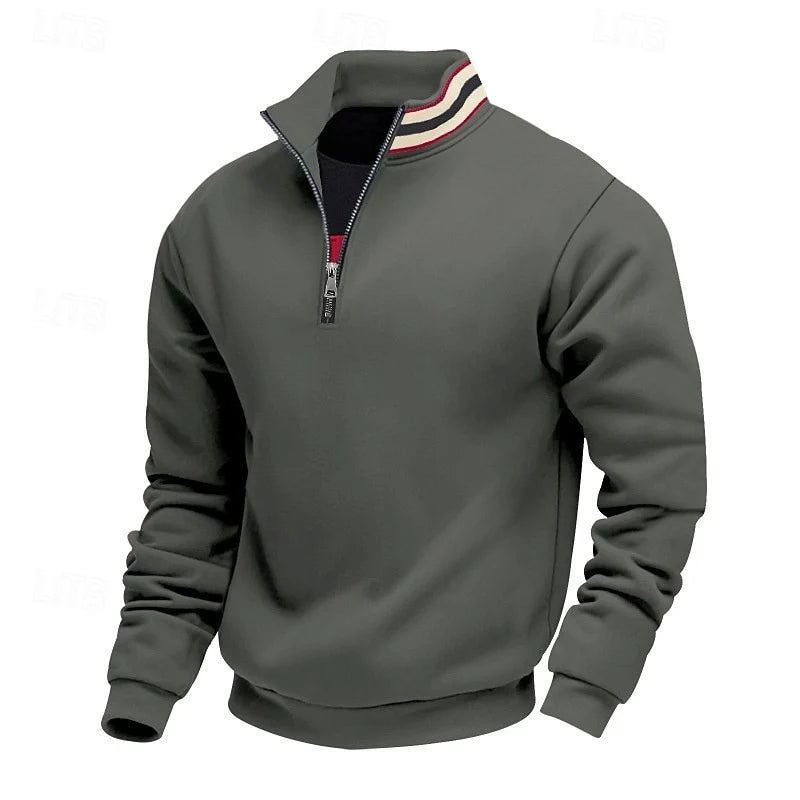 Men's dark gray stand-collar quarter-zip pullover with ribbed cuffs