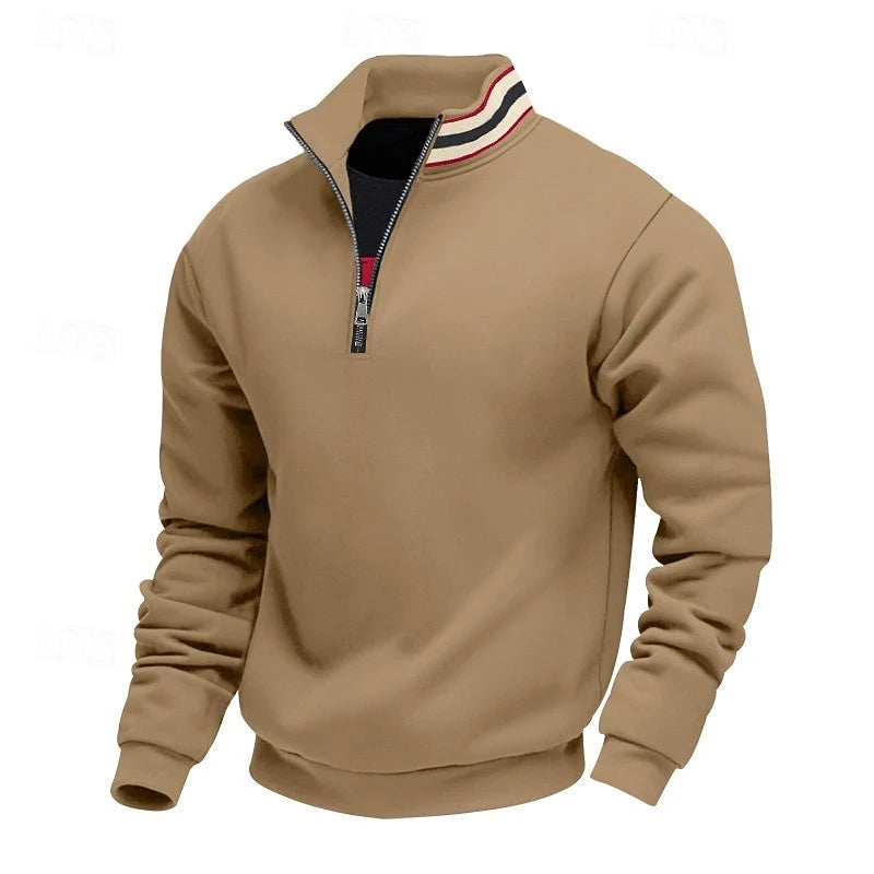 Men's camel stand-collar quarter-zip pullover with ribbed cuffs