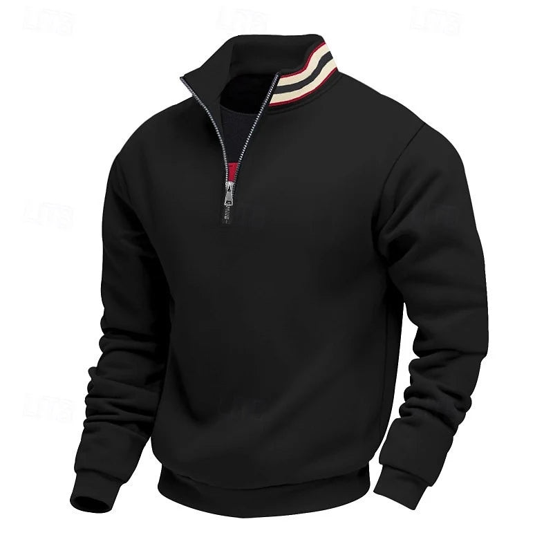 Men's black stand-collar quarter-zip pullover with ribbed cuffs