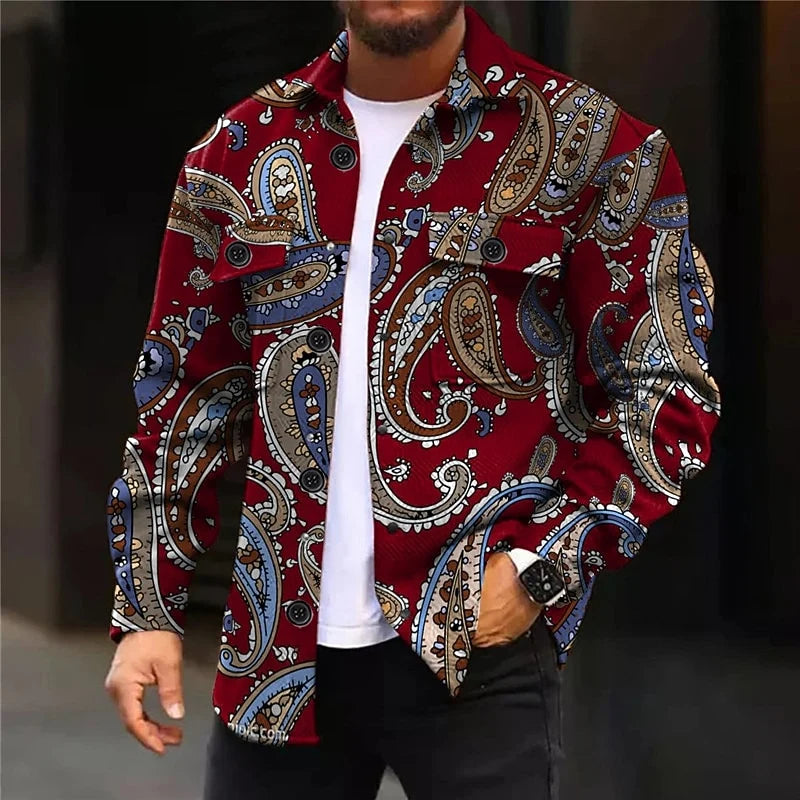 Men's burgundy paisley-print Shirt Jacket with Button Chest Pocket