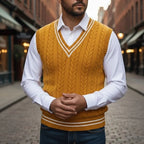 Men's yellow cable knit sweater vest with striped V-neck trim