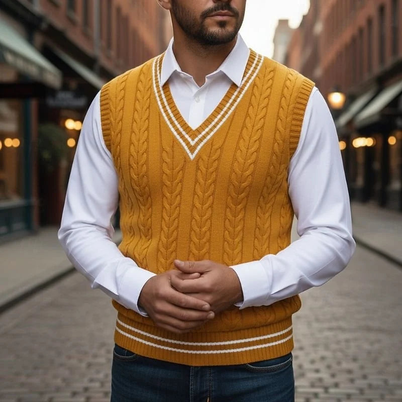Men's yellow cable knit sweater vest with striped V-neck trim