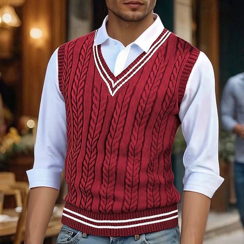 Men's red cable knit sweater vest with striped V-neck trim