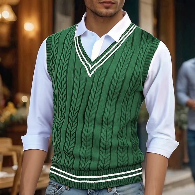 Men's green cable knit sweater vest with striped V-neck trim