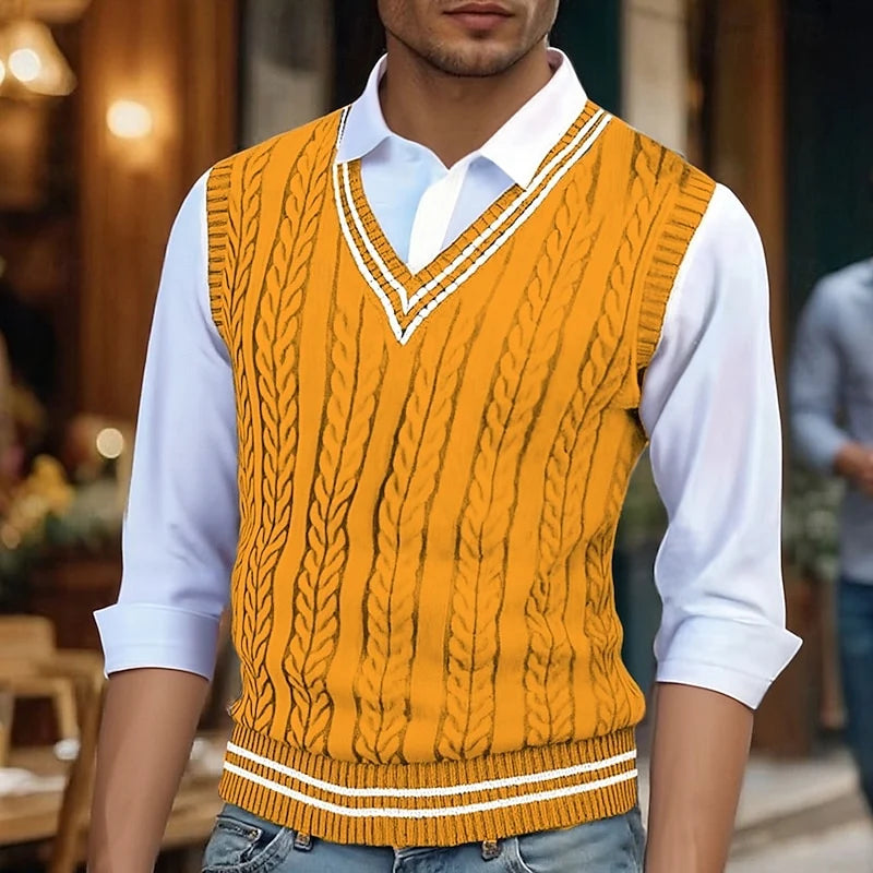 Men's yellow cable knit sweater vest with striped V-neck trim
